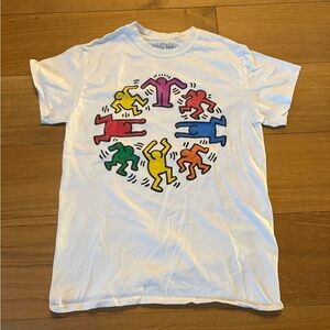 White Short Sleeve Tee with Colorful Dancing Figures